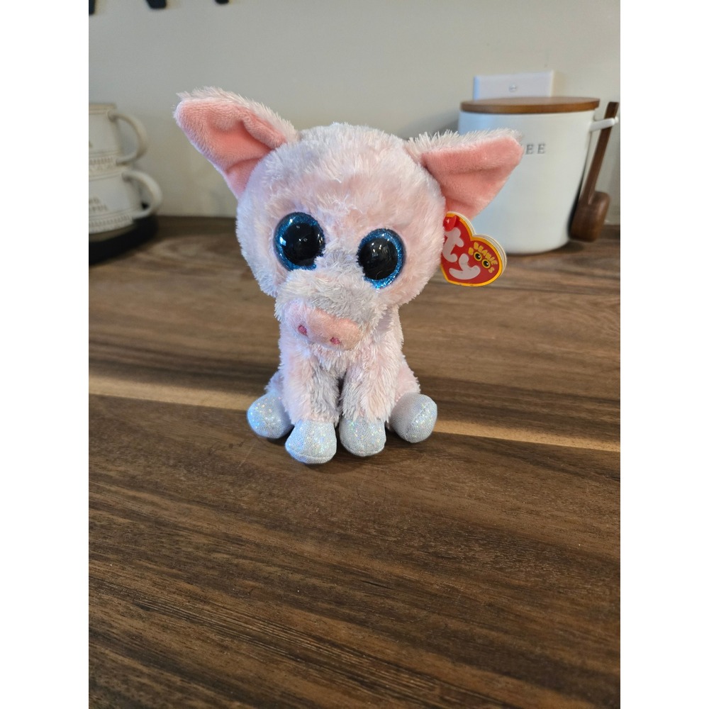 Ty Beanie Boos Hambone the Pig Pink Grey Spotted Plush Blue Glitter Eyes 6 inch
